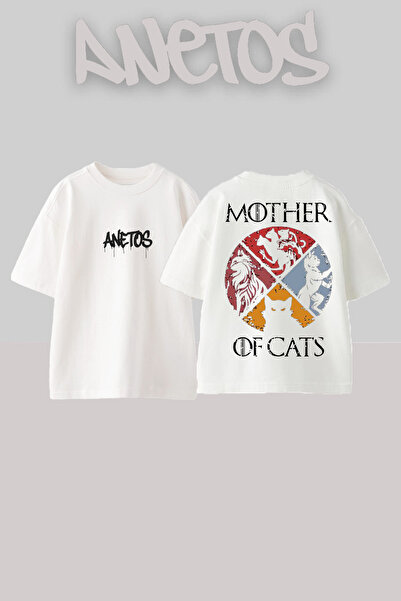 Anetos Mother Ofcats Design Spate cu imprimeu Bumbac Alb supradimensionat tricou