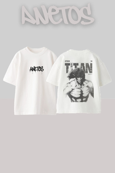 Anetos Attack Titan On Design Back cu imprimeu Bumbac Alb supradimensionat tr...
