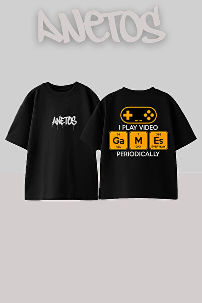 Anetos Games Design Spate cu imprimeu Bumbac Negru supradimensionat tricou