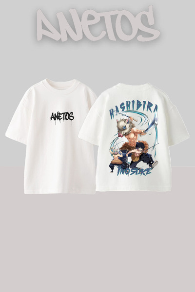 Anetos تي شيرت أبيض كبير الحجم من القطن مطبوع عليه تصميم Hashıbirı
