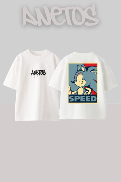 Anetos Sonic Speed ​​Design Back cu imprimeu Bumbac Alb supradimensionat tricou