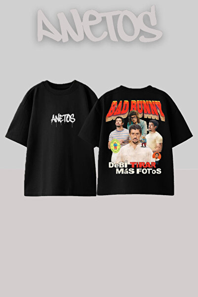 Anetos Bad Bunny 14 Tasarım Sırt Baskılı Pamuk Siyah Oversize T-shirt