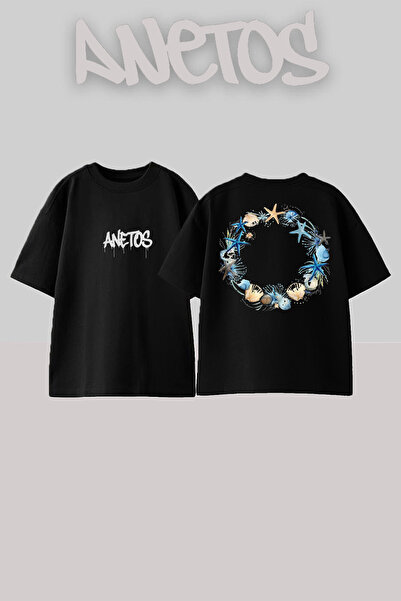 Anetos Тънка памучна тениска с голям размер, с принт на гърба и дизайн на мор...