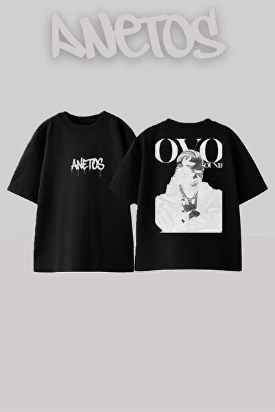 Anetos تي شيرت أسود كبير الحجم من القطن مطبوع عليه تصميم دريك 11