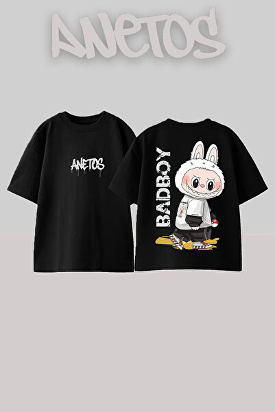 Anetos Bad Boy Labubu Design Rukavac Štampano Pamuk Crna Oversize kroj T-shirt
