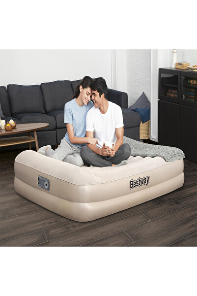 TSUMAB Bestway Inflatable Queen Air Mattress with Built-In Pump – Double Height Comfort Bed (Beige)