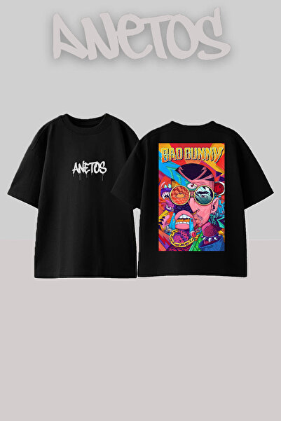 Anetos Μπλούζα Bad Bunny 9 με σχέδιο στην πλάτη από βαμβάκι μαύρη oversized