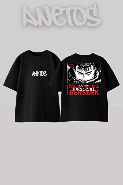 Anetos Berserk Black Swordman 1 Design Back Printed Cotton Black Oversize T-S...