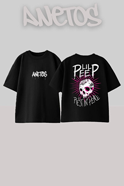 Anetos Lil Peep 7 Design Back cu imprimeu Bumbac Negru supradimensionat tricou
