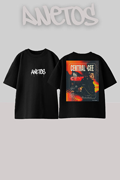 Anetos Central Cee 5 Design Spate cu imprimeu Bumbac Negru supradimensionat t...