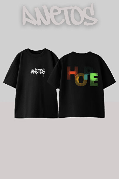 Anetos Hope Design Spate cu imprimeu Bumbac Negru supradimensionat tricou
