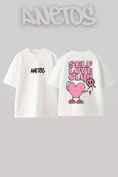 Anetos Self Love Club Design Spate cu imprimeu Bumbac Alb supradimensionat tr...