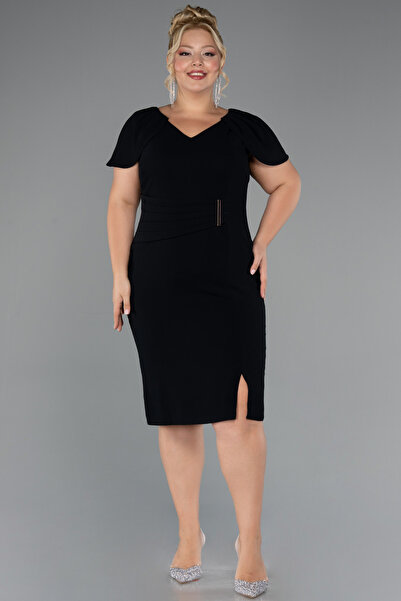 Abiyefon Siyah Kısa Kol V Yaka Midi Büyük Beden Davet Elbisesi ABK2432