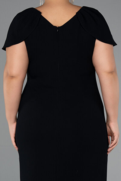 Abiyefon Siyah Kısa Kol V Yaka Midi Büyük Beden Davet Elbisesi ABK2432