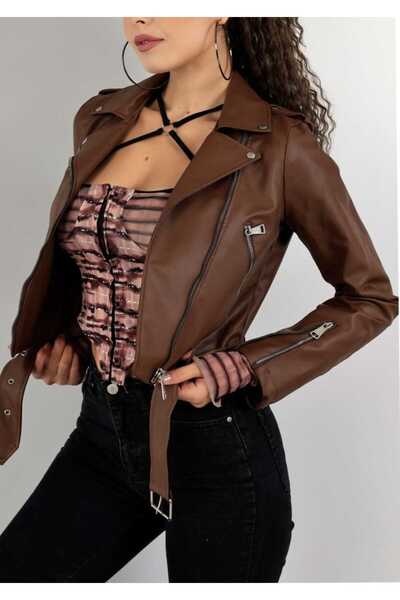 Azra Moda Style Δερμάτινο μπουφάν με φερμουάρ και λεπτομέρεια στο μανίκι για ...