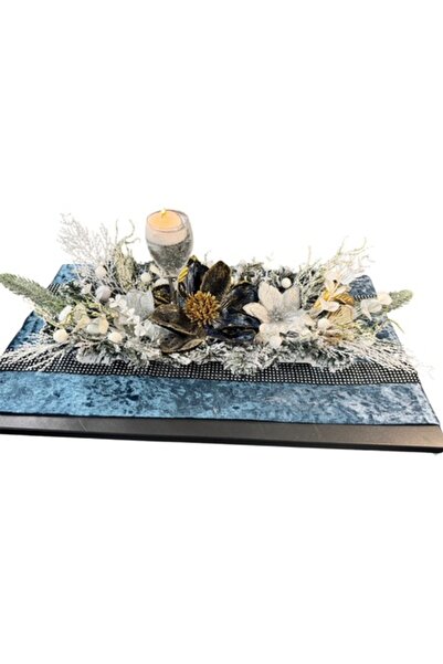 Handmade Aranjament craciun Luxury, Magnolia Neagra/Auriu, Flori de Gheata si Lumanare Pahar, Decor Iarna/Sar