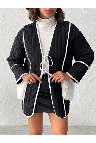 VELZANA Women's Plush Pocket Detailed Quilted Cardigan - Black