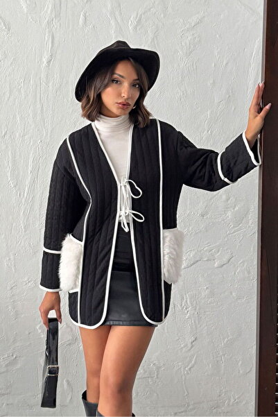 VELZANA Women's Plush Pocket Detailed Quilted Cardigan - Black