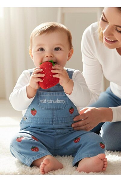 ALTINTAŞ BABY Strawberry Embroidery Knitted Denim Fabric Salopet and Strawberry Printed Tshirt 2-Piece Set