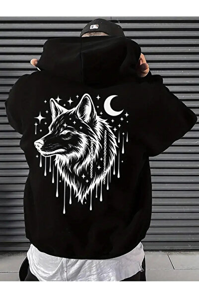 İSMTEXS Hanorac cu glugă unisex, cu 2 fire, cu imprimeu tematic lup și semilună