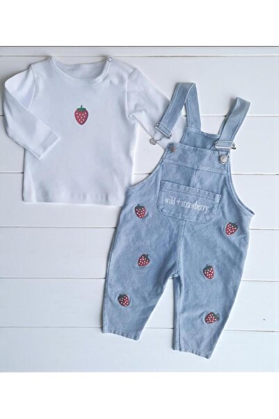 ALTINTAŞ BABY Strawberry Embroidery Knitted Denim Fabric Salopet and Strawberry Printed Tshirt 2-Piece Set