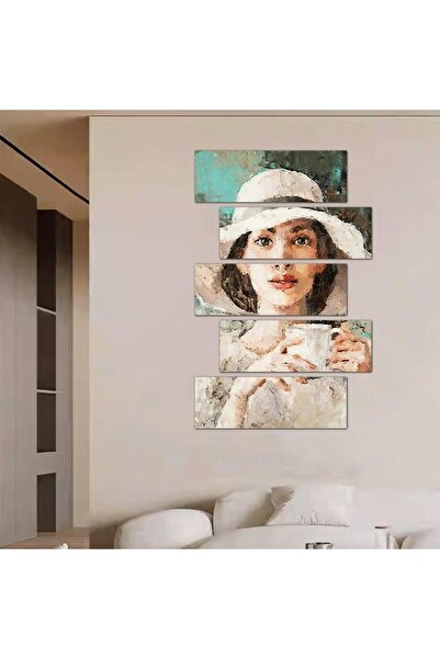 Generic Modern wall painting of a woman drinking coffee - 24025 - divided into five graduated pieces - 2