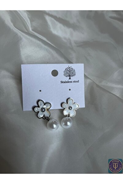 uyguntakıaksesuar Çiçek ve İnci Detaylı Zarif Kadın Küpe – Kararma Yapmaz Çelik Mat Gold Aksesuar