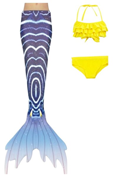 THK Costum Prințesa Sirenă Ariel, set 3 piese, THK®, coadă de sirenă, chiloți, Bermuda/Topaz Galben, 130 cm