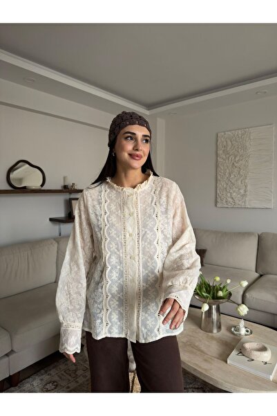 Tavie Dantel detaylı Vintage pamuk gömlek-Bej