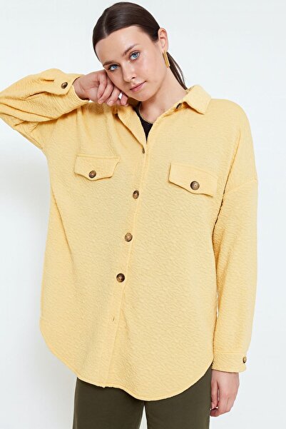 assef Kadın Oversize Rahat Kesim Spor Yaka Uzun Kollu Basic Sarı Gömlek