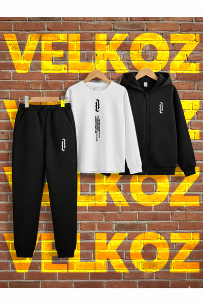 Velkoz 3-Piece Winter Vertical Tracksuit Set (Zippered Sweatshirt, White Crew Neck)