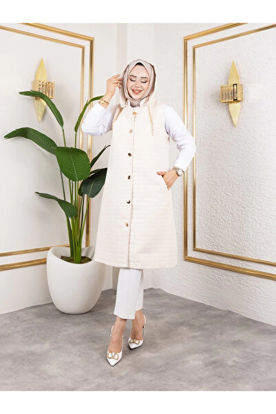 AZRA BUTİK Gold Detaylı Yelek Bej