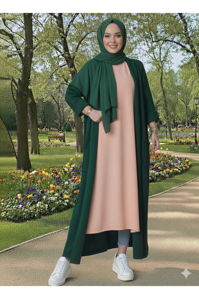 AZRA BUTİK Μακριά φαρδιά ζακέτα σμαραγδί πράσινο