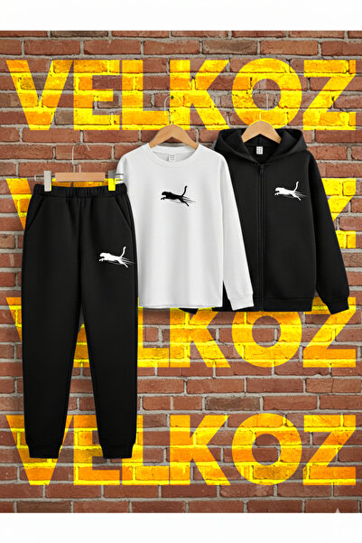 Velkoz 3-Piece Winter Jaguar Tracksuit Set (Zippered Sweatshirt, White Crew Neck)