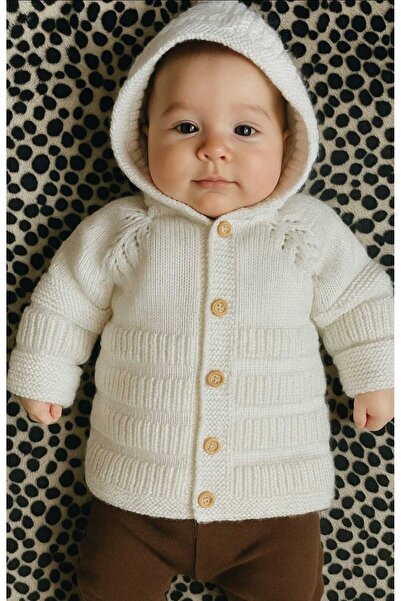BEGİN White Color Gift Hand Knitted Cotton Hooded Baby Cardigan 0 - 1 Years Old
