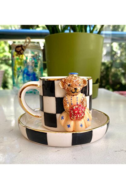 NOF El Yapımı Seramik Gerçek 24K Altın Dekorlu Teddy Gelin Türk Kahvesi Fincanı