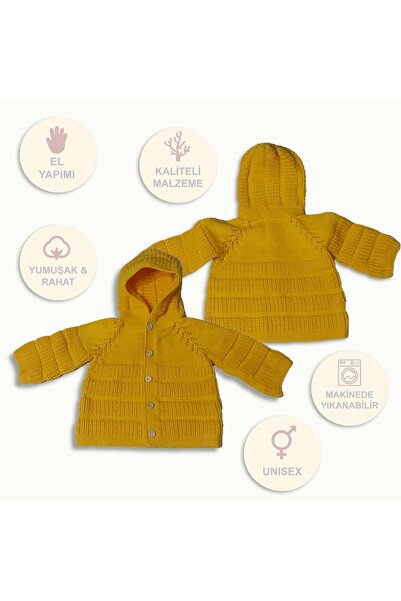 BEGİN Yellow Color Gift Hand Knitted Cotton Hooded Baby Cardigan 0 - 1 Years Old