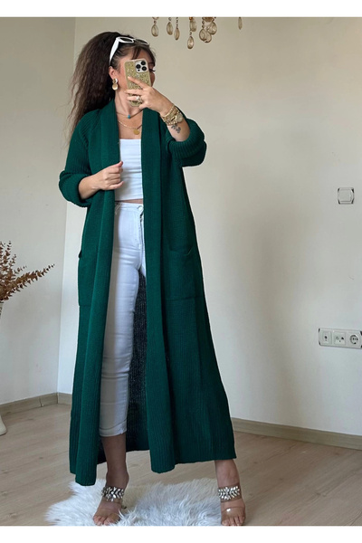 AZRA BUTİK Μακριά φαρδιά ζακέτα σμαραγδί πράσινο