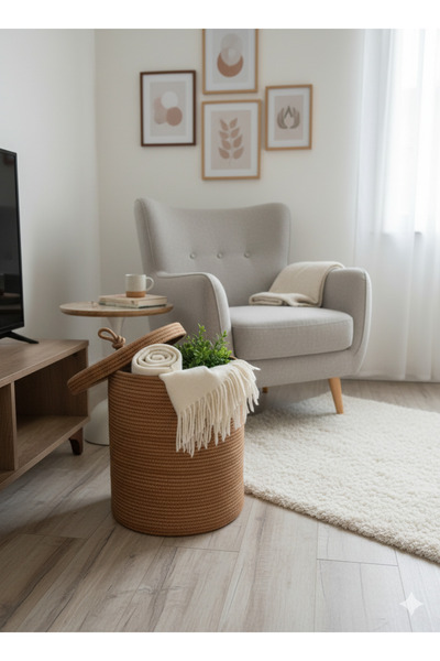 ENA Jüt Hasır kapaklı çamaşır sepeti, oyuncak sepeti, banyo dekorasyon