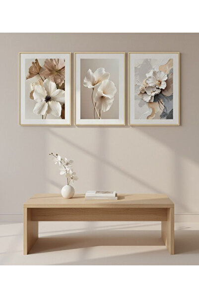 Linacci Üçlü Gold Metal Çerçeve Soft Çiçek Cam Tablo Seti