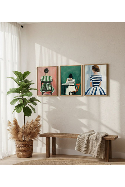 Linacci Тройна златна метална рамка зелено-синя дамска стъклена картина комплект