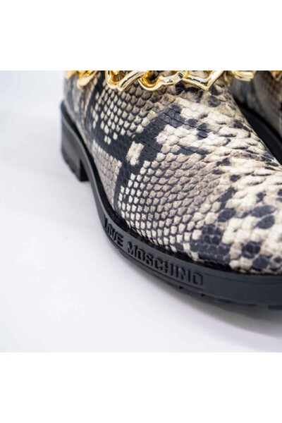 Love Moschino LEATHER ANKLE BOOT WITH PYTHON PRINT AND GOLD CHAIN