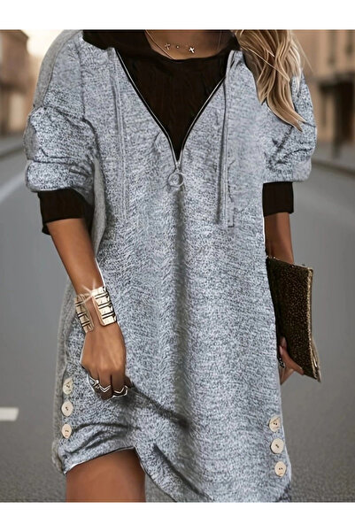 ARONA Women's Long Sleeve Hooded Front Zipper Buttoned Mini Two Thread Dress