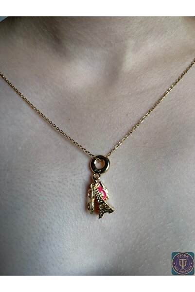 uyguntakıaksesuar Eiffel Kulesi ve Pembe Kamera Charm Detaylı Gold Kadın Koly...