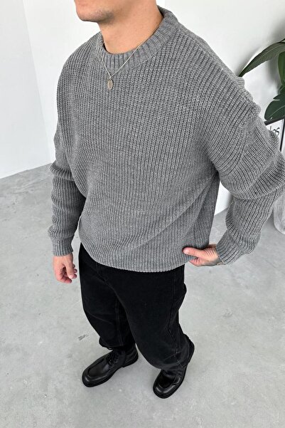 HAFKAGİYİM Gray Knitted Pattern Oversize Knitwear Sweater