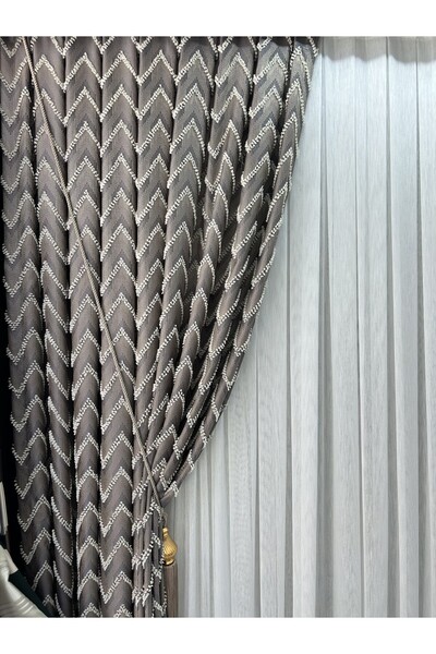 Nish Perde Pano Fon V-Püsküllü Gri - Kahve Tek Kanat Aksesuar Hariç