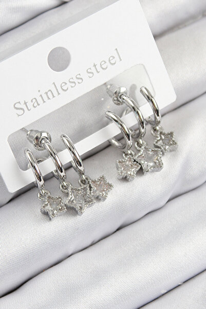 Acousticworld Brass Zircon Stone Dangle Star Model Silver Color Women's Earrings