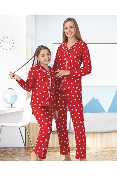 Nilsen Anne-Kız Çocuk Pamuklu Kumaş Süet Kırmızı Kalp Desen Beyaz Biyeli Gömlek Yaka Pijama Takımı