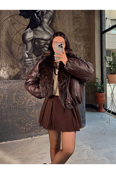 missswans Woody Çıkarılabilir Kürk Yaka Oversize Cepli Kısa Şişme Mont Kahver...