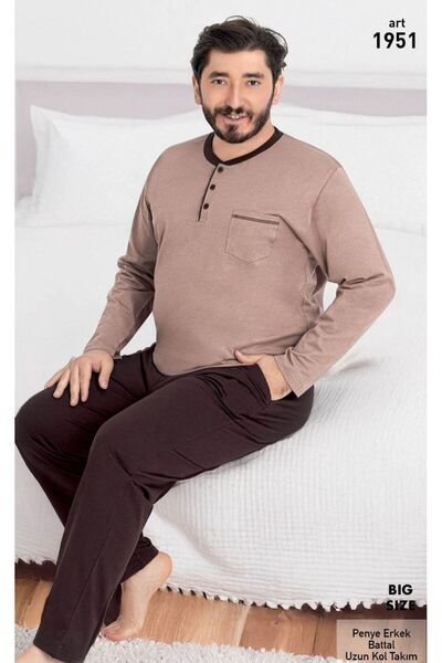 VAJESTO Set de pijamale pentru bărbați, bej, pantaloni cu mâneci lungi, bumba...